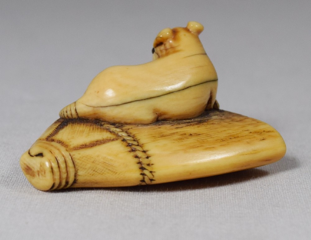 DELIGHTFUL JAPANESE RAT ON A BROOMHEAD IVORY NETSUKE View IV