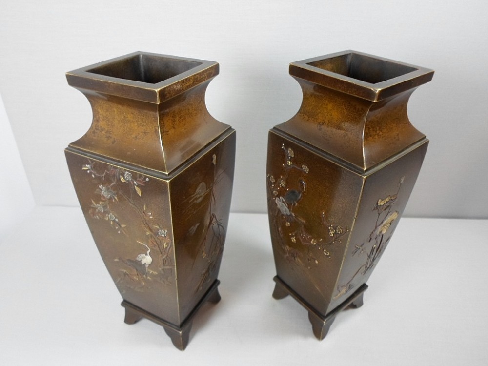 UNUSUAL PAIR OF JAPANESE MIXED METAL VASES BY NOGAWA View V