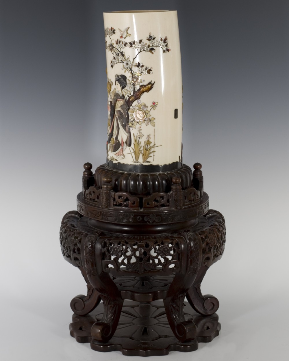 A LARGE JAPANESE SHIBAYAMA TUSK VASE ON STAND View II