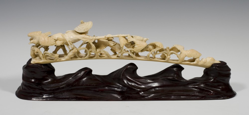 HUMEROUS JAPANESE IVORY OKIMONO BIRD CATCHERS SIGNED View IV