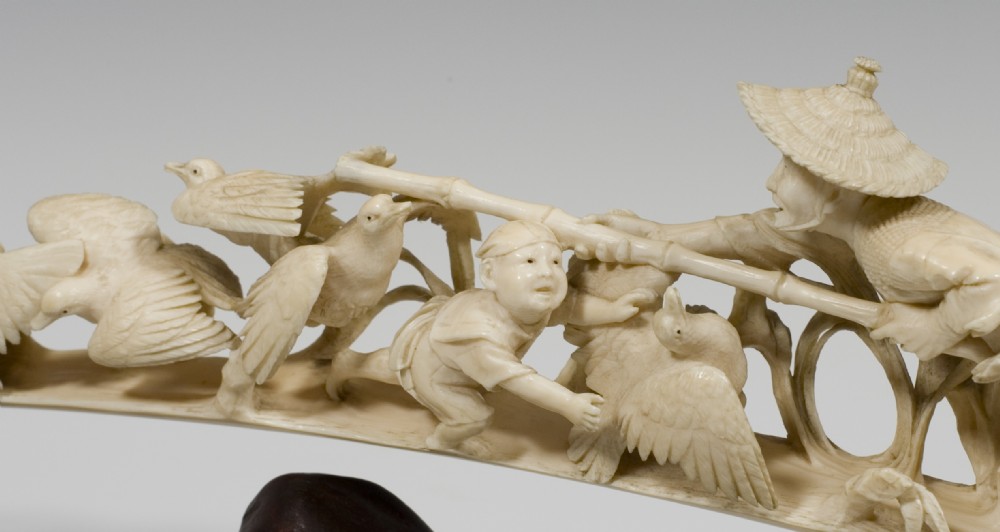 HUMEROUS JAPANESE IVORY OKIMONO BIRD CATCHERS SIGNED View VIII