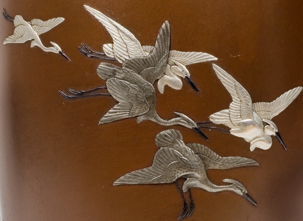 A SUPERB JAPANESE MIXED METAL EGRET VASE BY NOGAWA View IX