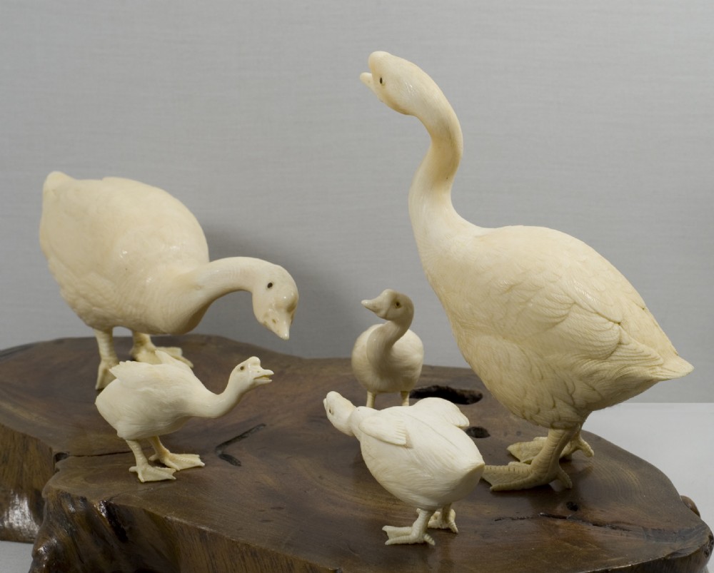 FABULOUS QUALITY JAPANESE IVORY AND ROOTWOOD GEESE OKIMONO View III
