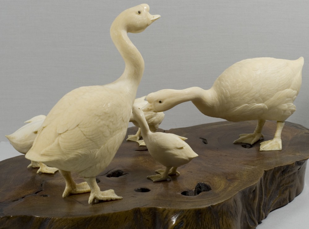 FABULOUS QUALITY JAPANESE IVORY AND ROOTWOOD GEESE OKIMONO View IV