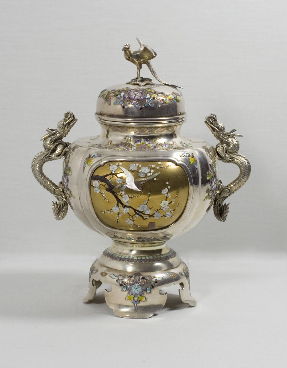 JAPANESE SILVER-ENAMEL & SHIBAYAMA DECORATED GOLD LACQUER KORO View II