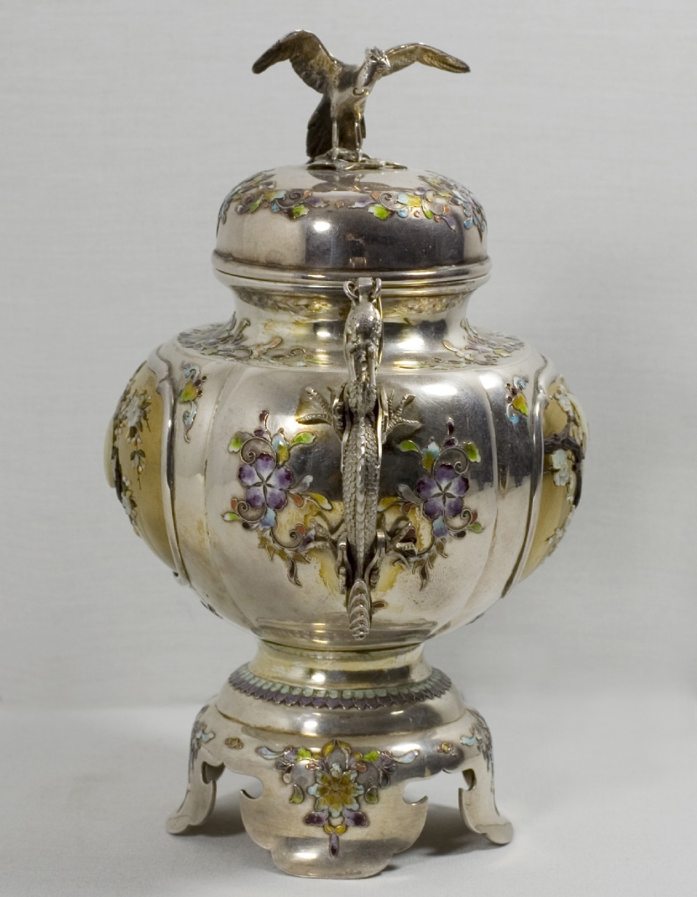 JAPANESE SILVER-ENAMEL & SHIBAYAMA DECORATED GOLD LACQUER KORO View III