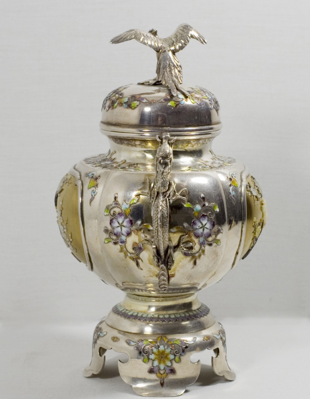 JAPANESE SILVER-ENAMEL & SHIBAYAMA DECORATED GOLD LACQUER KORO View IV