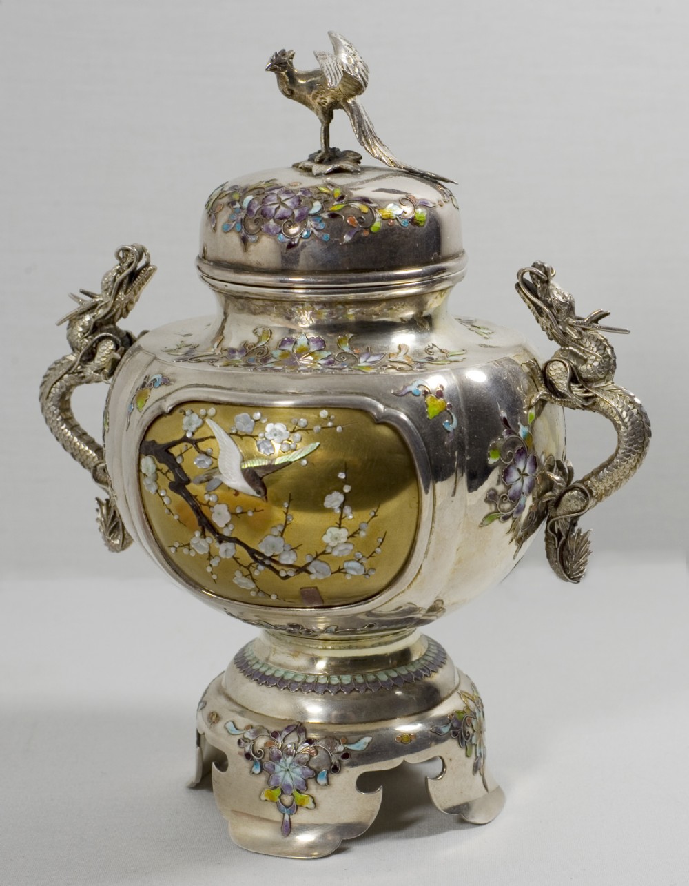 JAPANESE SILVER-ENAMEL & SHIBAYAMA DECORATED GOLD LACQUER KORO View V