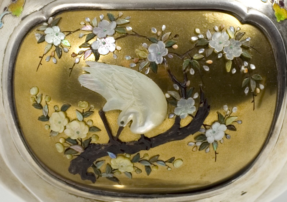 JAPANESE SILVER-ENAMEL & SHIBAYAMA DECORATED GOLD LACQUER KORO View VII