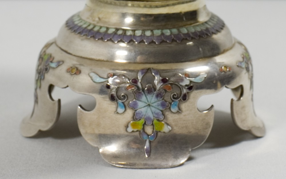 JAPANESE SILVER-ENAMEL & SHIBAYAMA DECORATED GOLD LACQUER KORO View IX