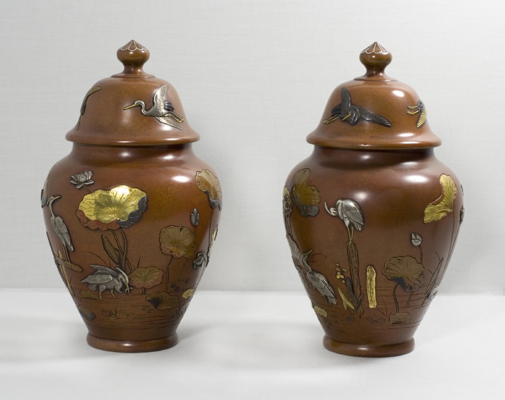 GREAT PAIR OF JAPANESE MIXED METAL LIDDED VASES BY NOGAWA View II