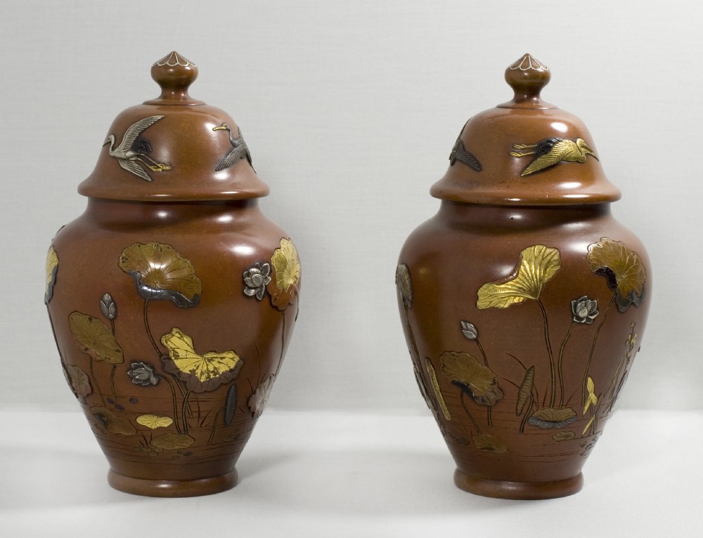GREAT PAIR OF JAPANESE MIXED METAL LIDDED VASES BY NOGAWA View III