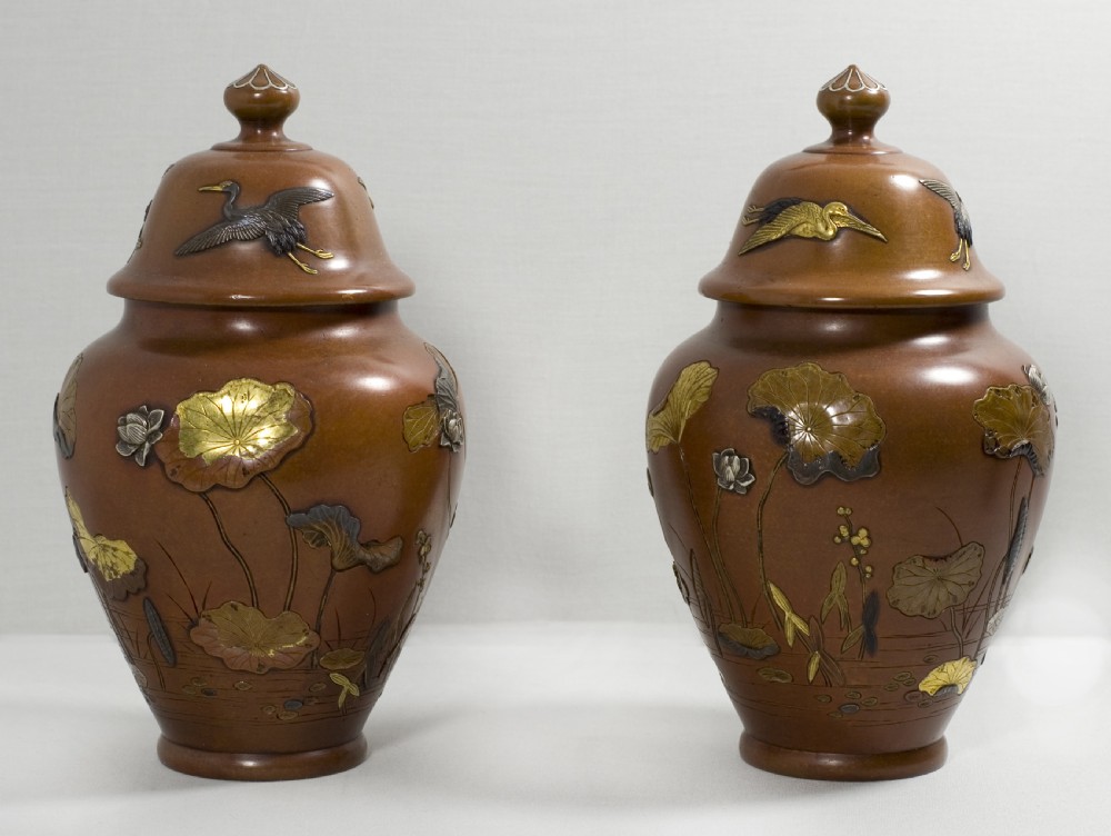 GREAT PAIR OF JAPANESE MIXED METAL LIDDED VASES BY NOGAWA View IV