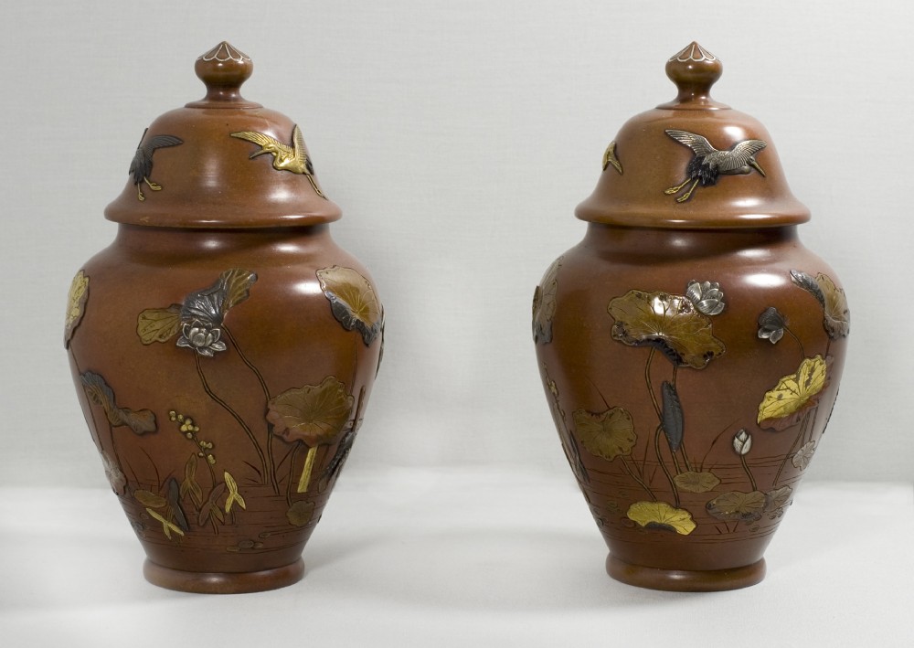GREAT PAIR OF JAPANESE MIXED METAL LIDDED VASES BY NOGAWA View V