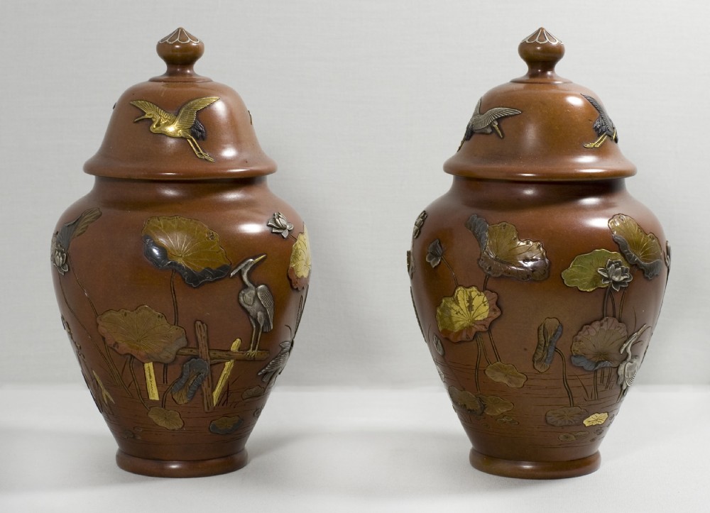 GREAT PAIR OF JAPANESE MIXED METAL LIDDED VASES BY NOGAWA View VI