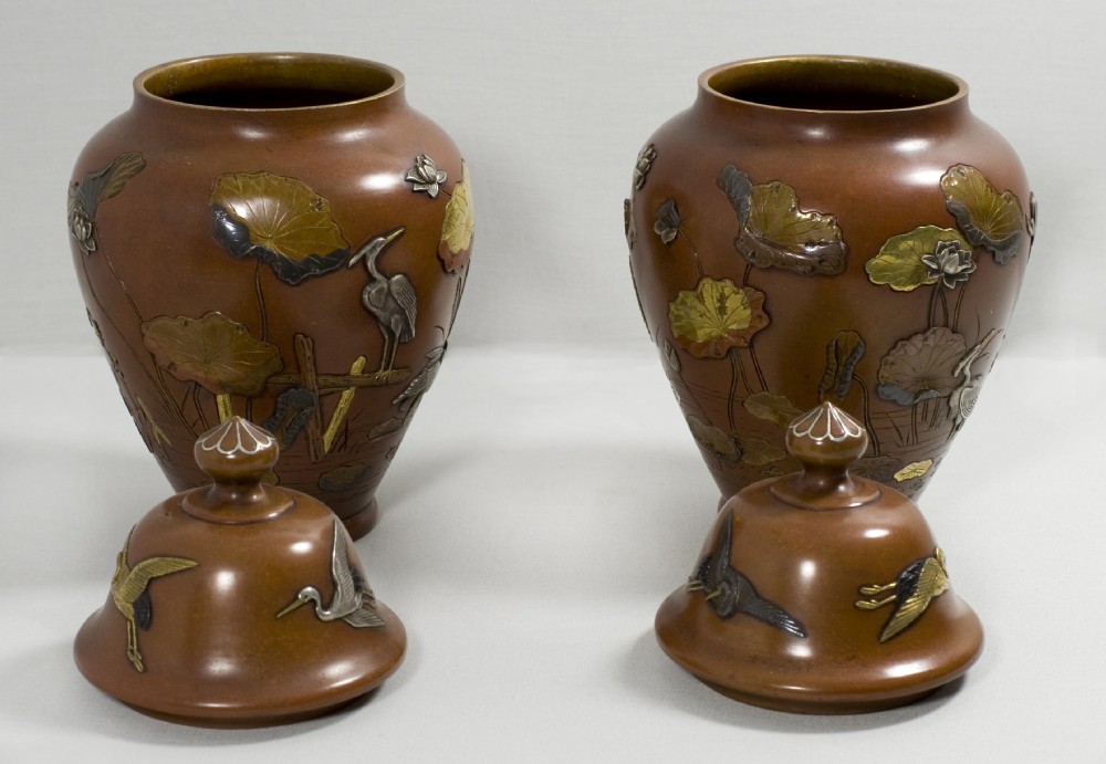 GREAT PAIR OF JAPANESE MIXED METAL LIDDED VASES BY NOGAWA View VII