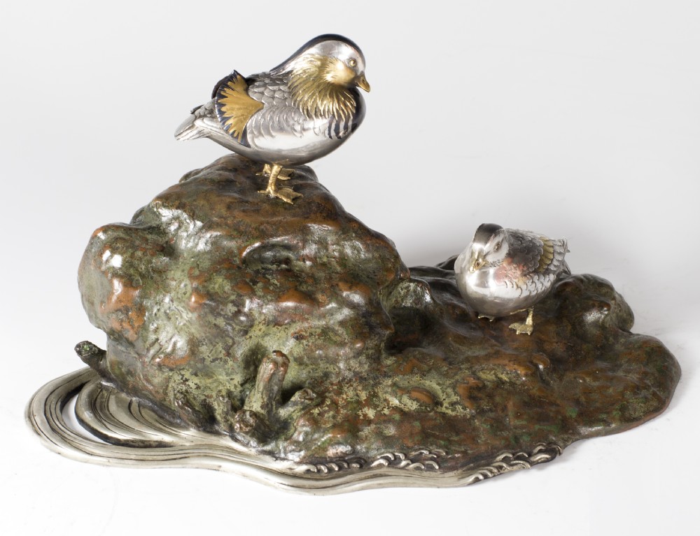 an exquisite japanese mixed metal study of mandarin ducks - CATEGORY: ANTIQUE METAL - DATED 1910