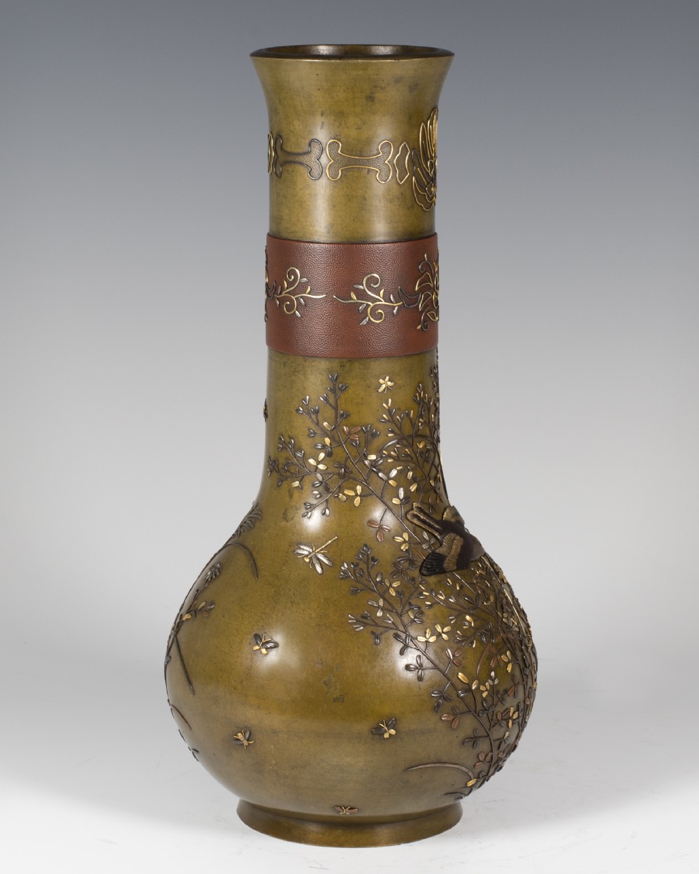 HIGHLY DECORATIVE JAPANESE ONLAID MIXED METAL VASE View II