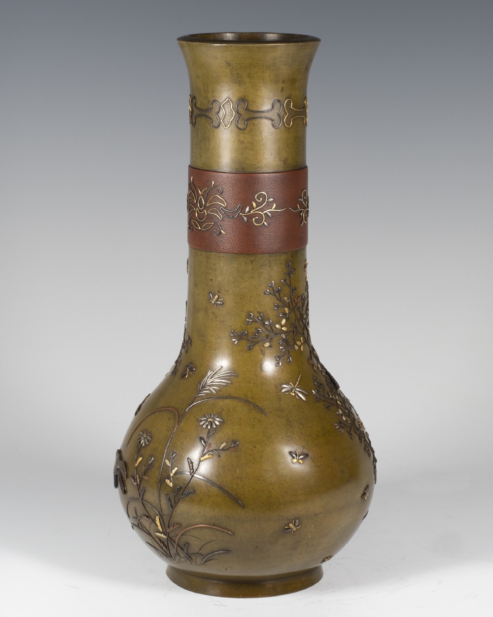 HIGHLY DECORATIVE JAPANESE ONLAID MIXED METAL VASE View III