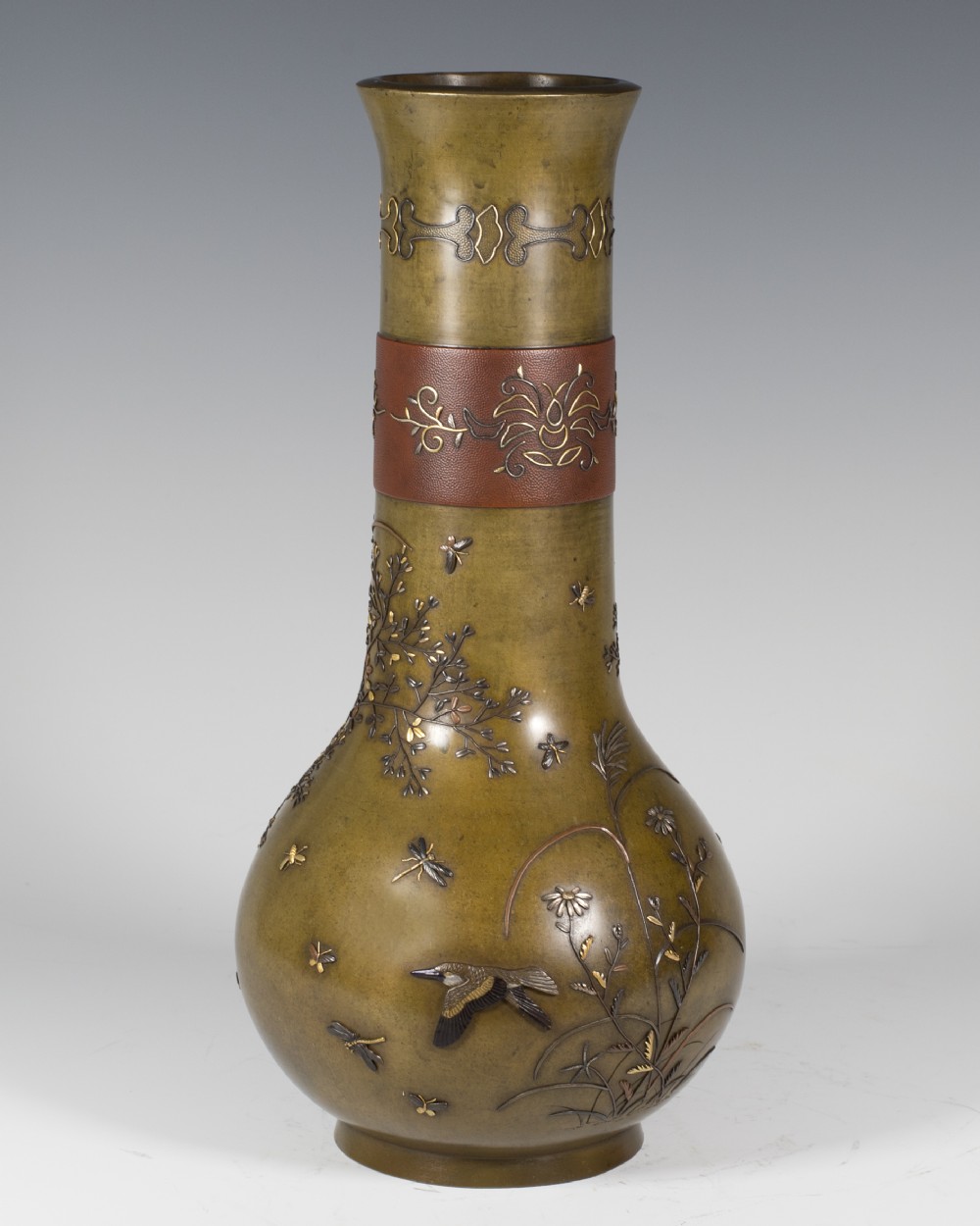 HIGHLY DECORATIVE JAPANESE ONLAID MIXED METAL VASE View IV