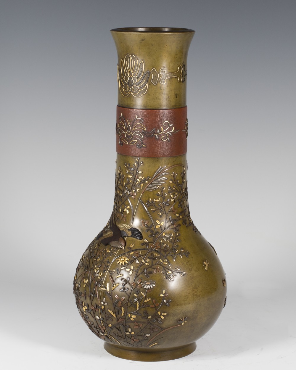 HIGHLY DECORATIVE JAPANESE ONLAID MIXED METAL VASE View VI