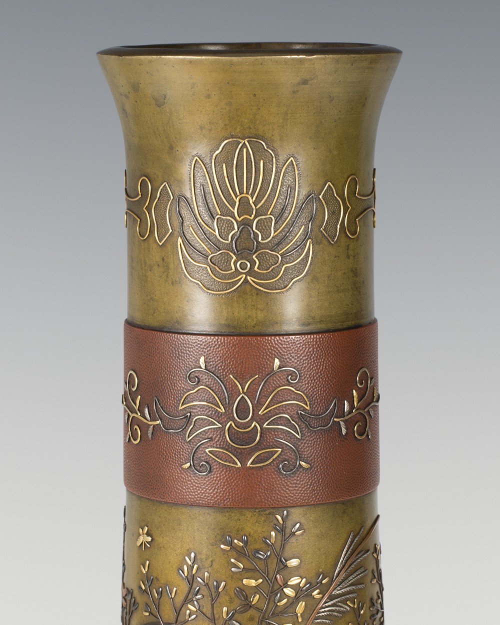 HIGHLY DECORATIVE JAPANESE ONLAID MIXED METAL VASE View XII