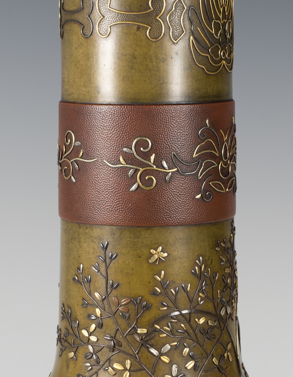 HIGHLY DECORATIVE JAPANESE ONLAID MIXED METAL VASE View XIII