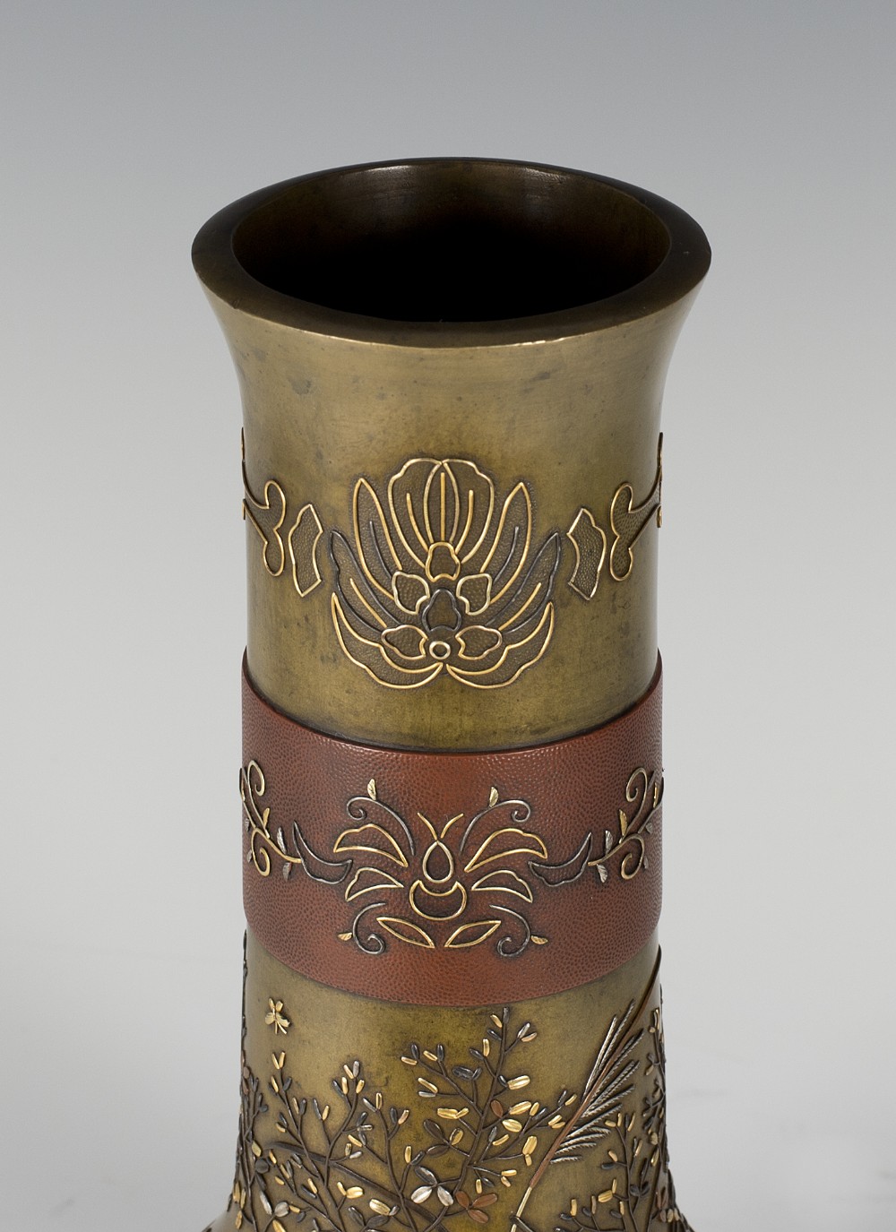 HIGHLY DECORATIVE JAPANESE ONLAID MIXED METAL VASE View XIV