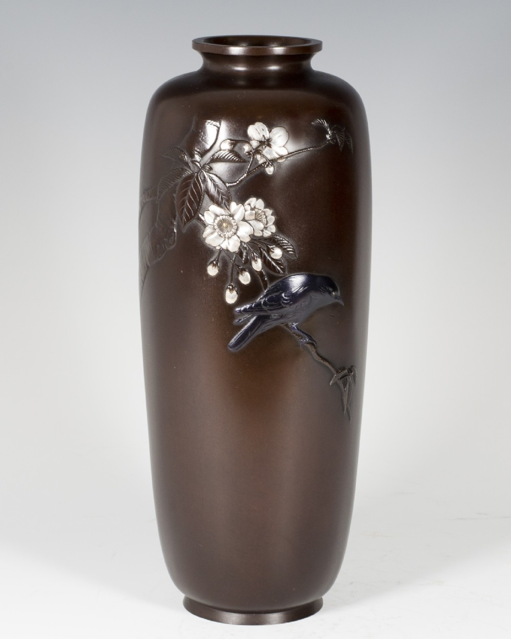 NICE QUALITY JAPANESE BRONZE AND MIXED METAL BIRD VASE View II
