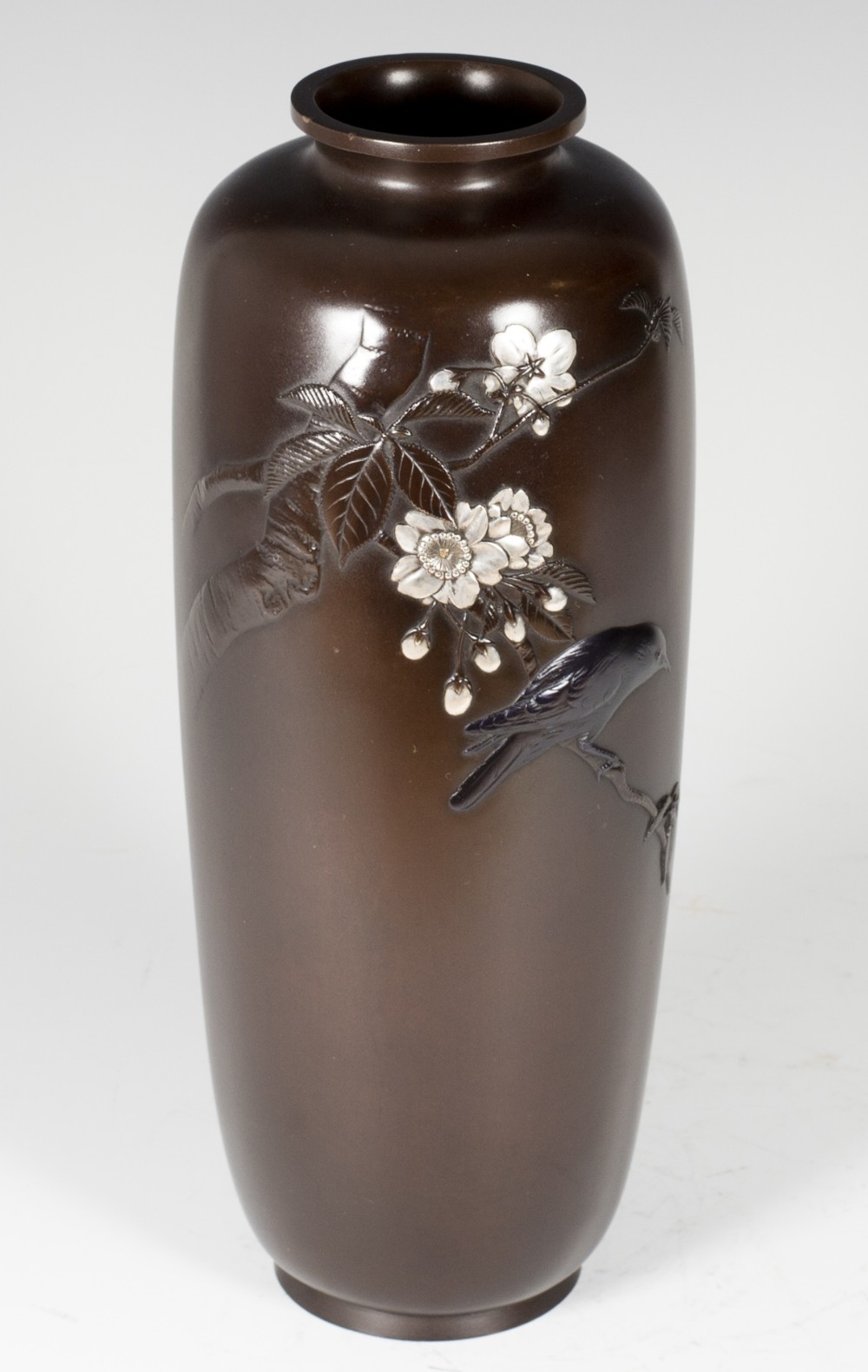 NICE QUALITY JAPANESE BRONZE AND MIXED METAL BIRD VASE View VI
