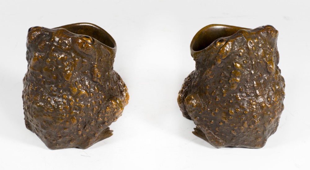 HUMEROUS PAIR OF JAPANESE MIXED METAL BRUSH POT TOADS BY NOGAWA View III
