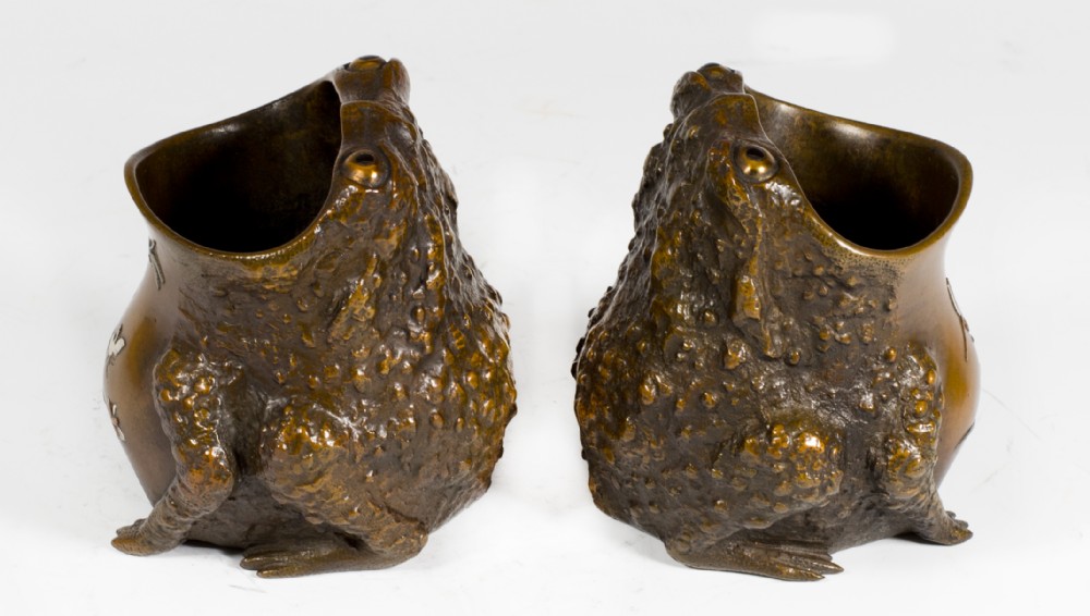 HUMEROUS PAIR OF JAPANESE MIXED METAL BRUSH POT TOADS BY NOGAWA View IV