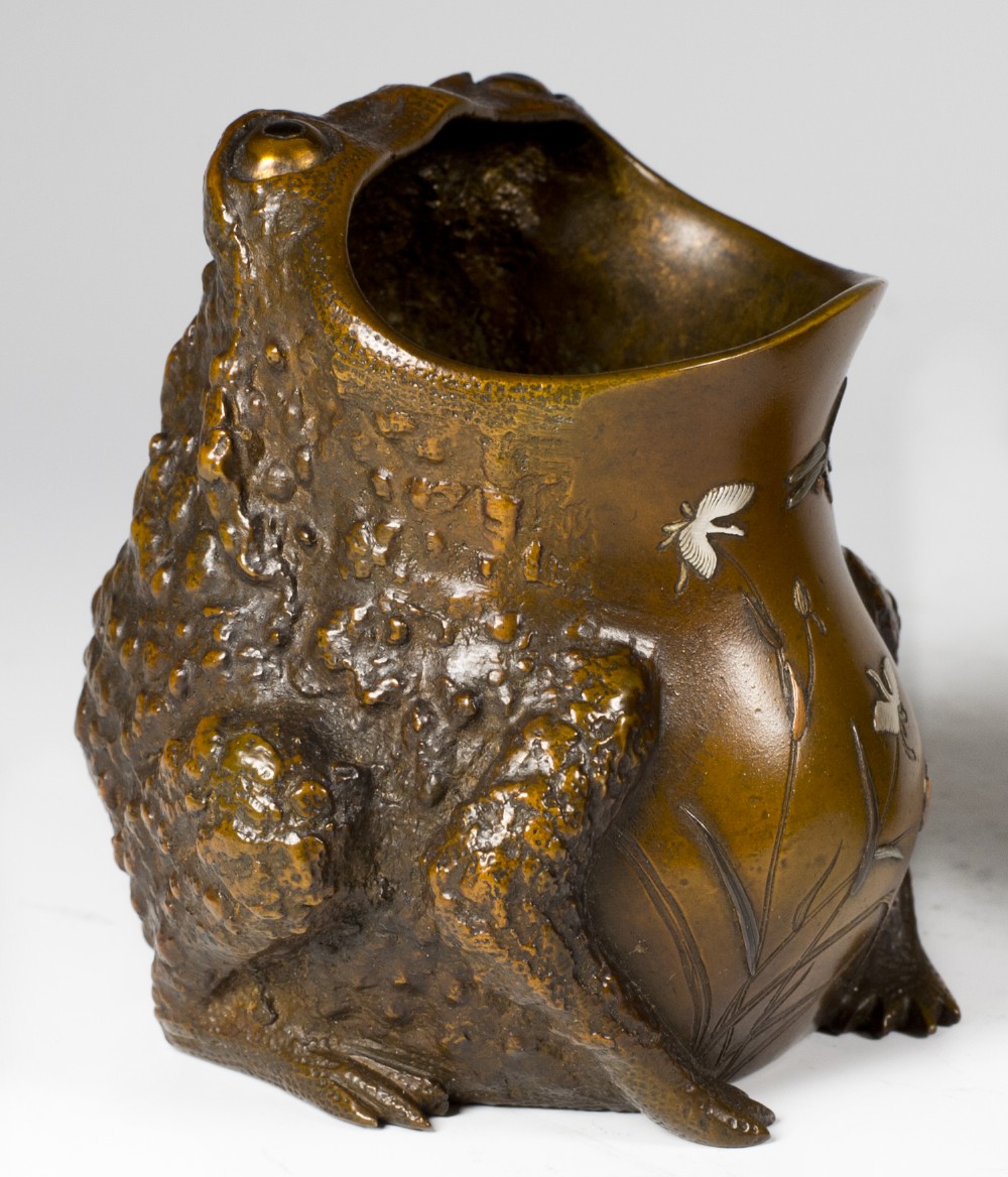 HUMEROUS PAIR OF JAPANESE MIXED METAL BRUSH POT TOADS BY NOGAWA View V