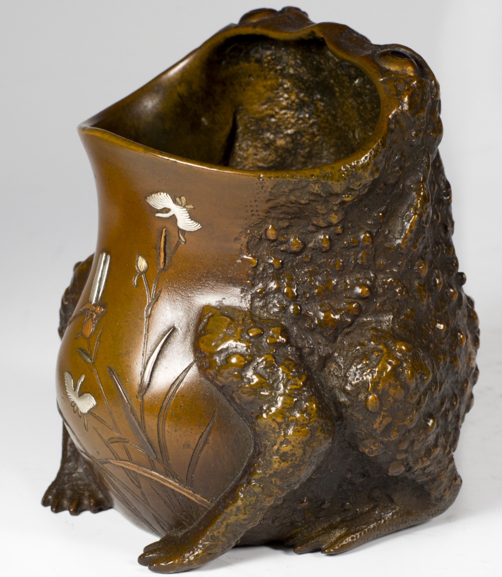 HUMEROUS PAIR OF JAPANESE MIXED METAL BRUSH POT TOADS BY NOGAWA View VI