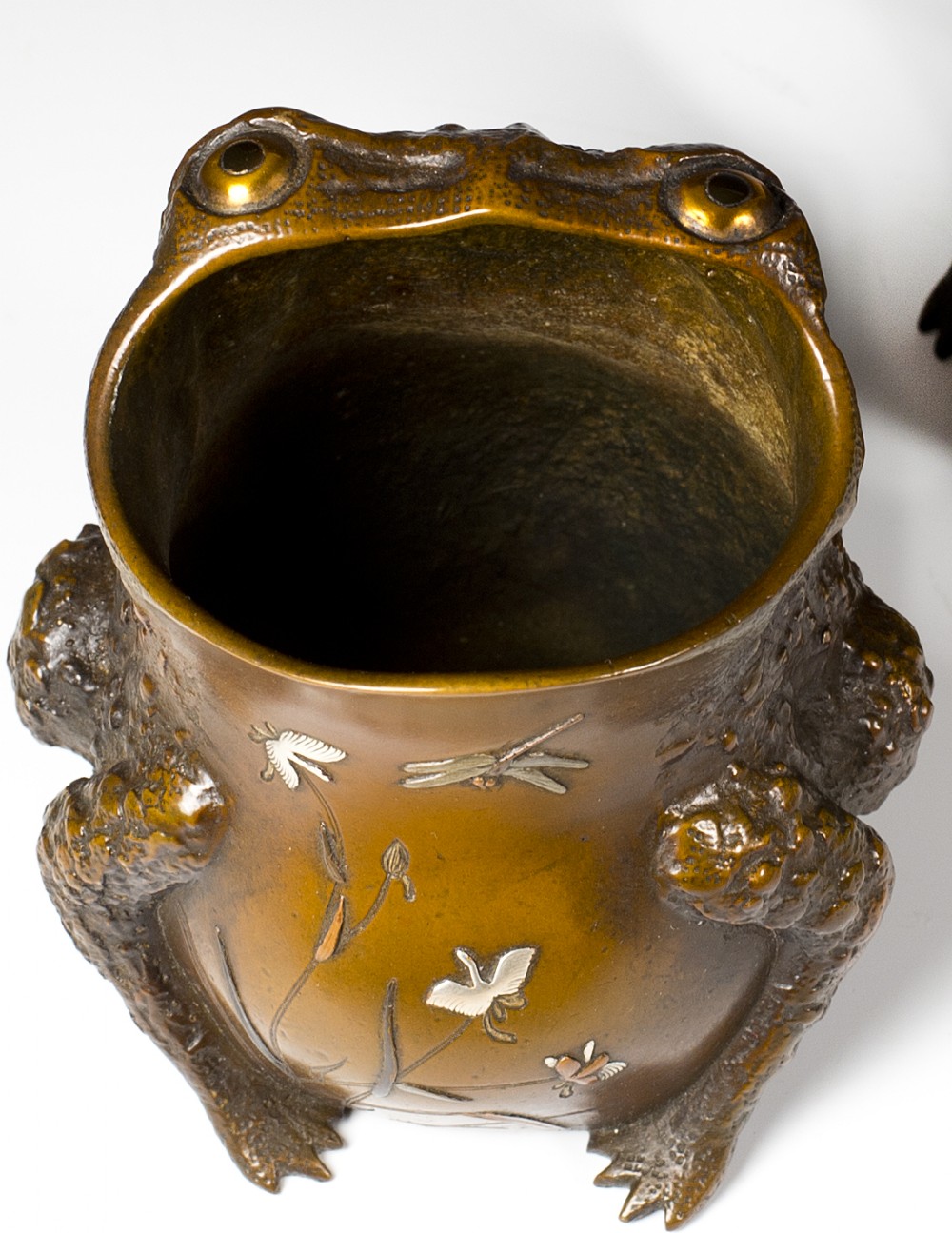 HUMEROUS PAIR OF JAPANESE MIXED METAL BRUSH POT TOADS BY NOGAWA View VII
