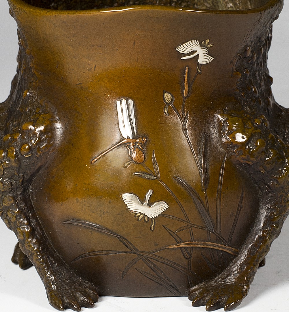 HUMEROUS PAIR OF JAPANESE MIXED METAL BRUSH POT TOADS BY NOGAWA View VIII
