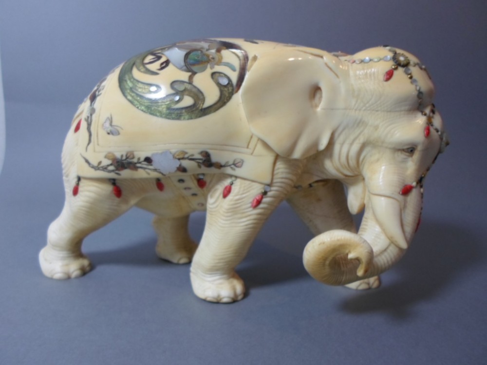 large japanese one piece ivory and shibayama elephant - CATEGORY: ANTIQUE CERAMICS - DATED 1890