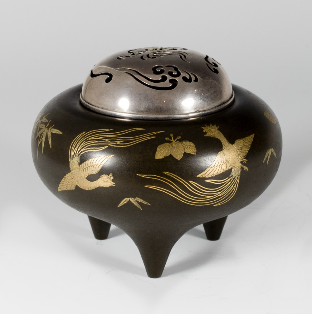 japanese shibuichi gold inlaid koro with silver lid - CATEGORY: ANTIQUE MISCELLANEOUS - DATED 1890