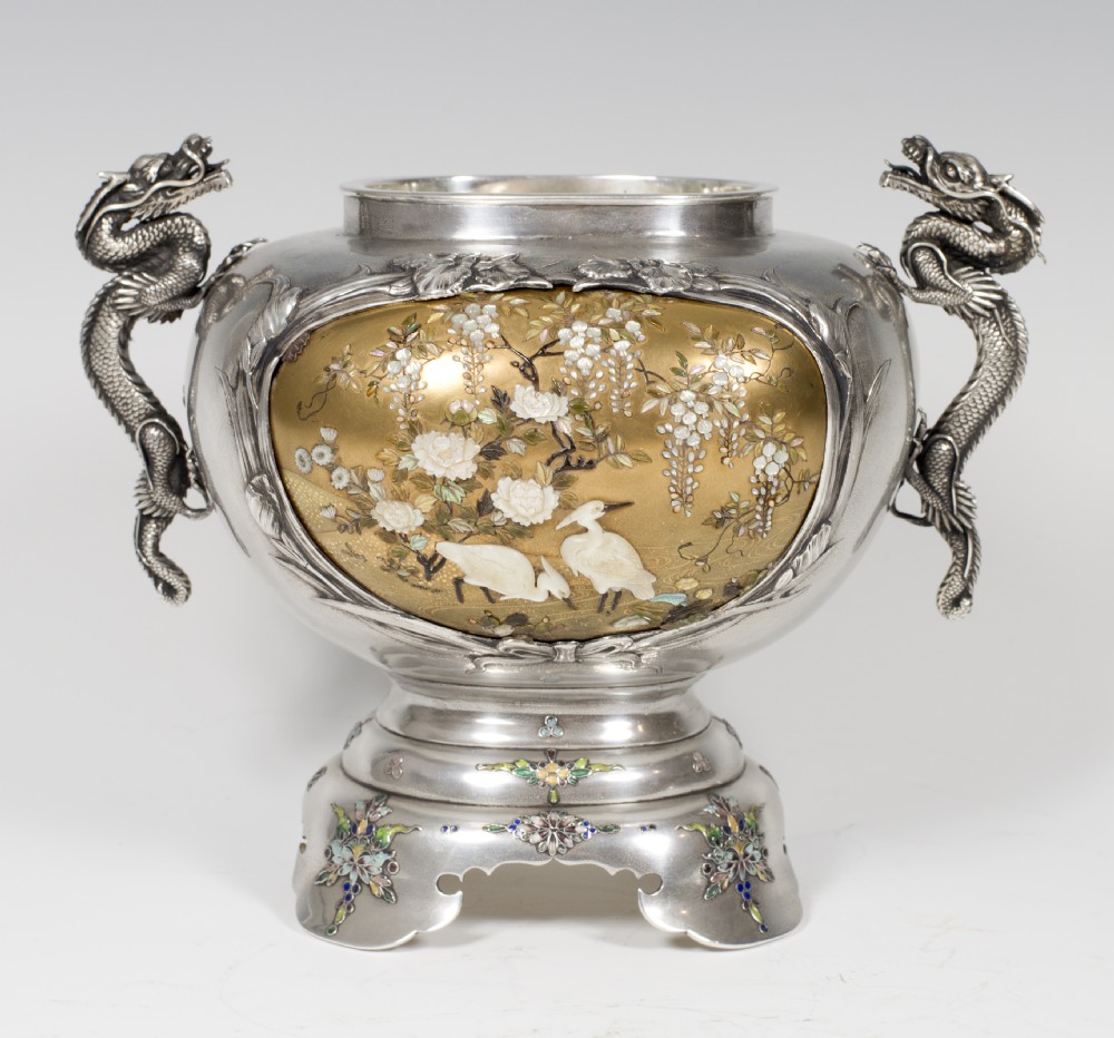 EXCEPTIONAL LARGE JAPANESE SILVER,GOLD LACQUER SHIBAYAMA KORO  View VI