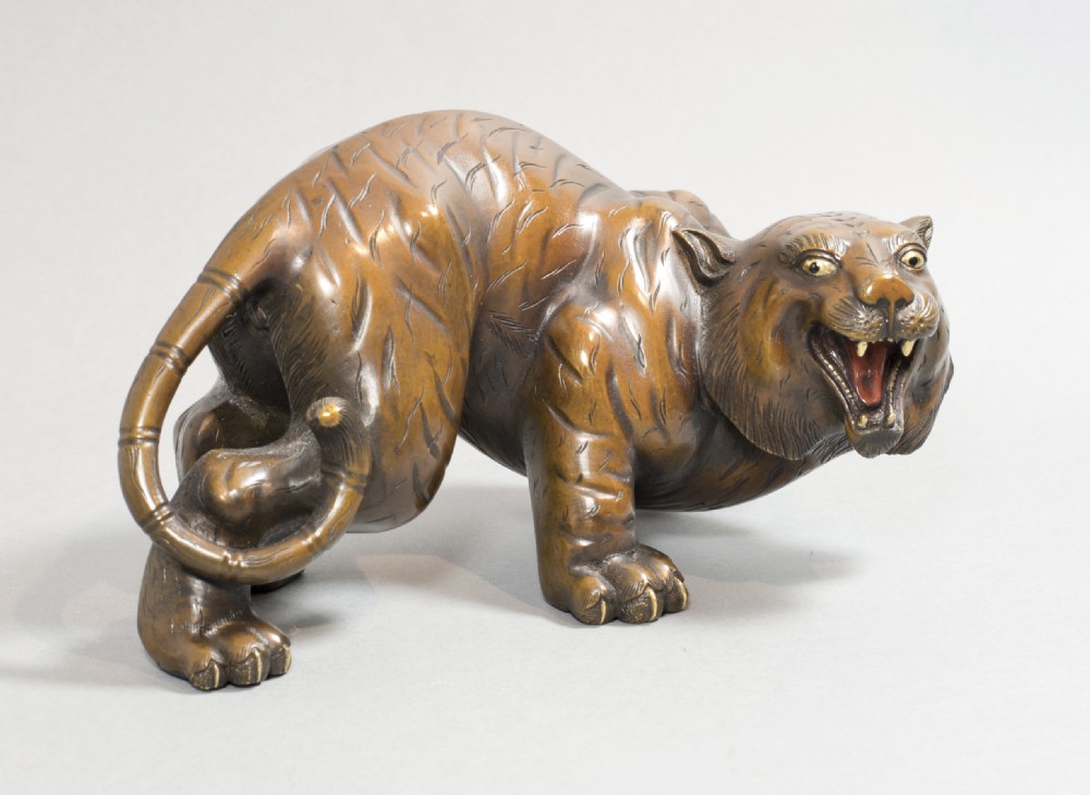 stylistic japanese bronze mixed metal tiger by toshiharu - CATEGORY: ANTIQUE METAL - DATED 1890