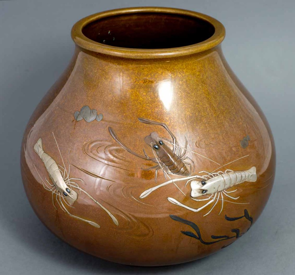 A HIGHLY DECORATIVE JAPANESE MIXED METAL CRAYFISH VASE View II