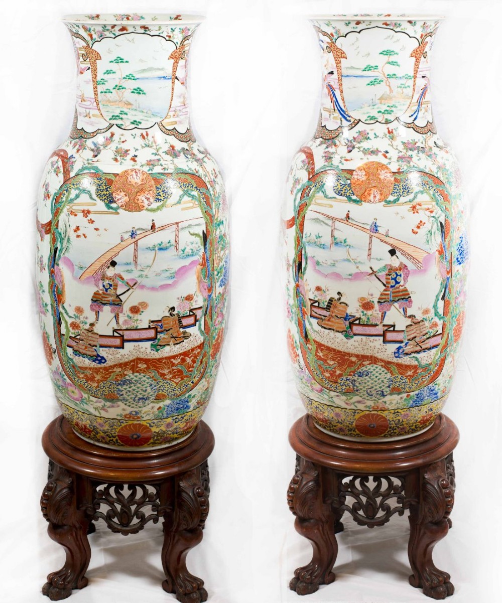 monumental pair of japanese fukagawa vases on stands - CATEGORY: ANTIQUE VASES - DATED 1890