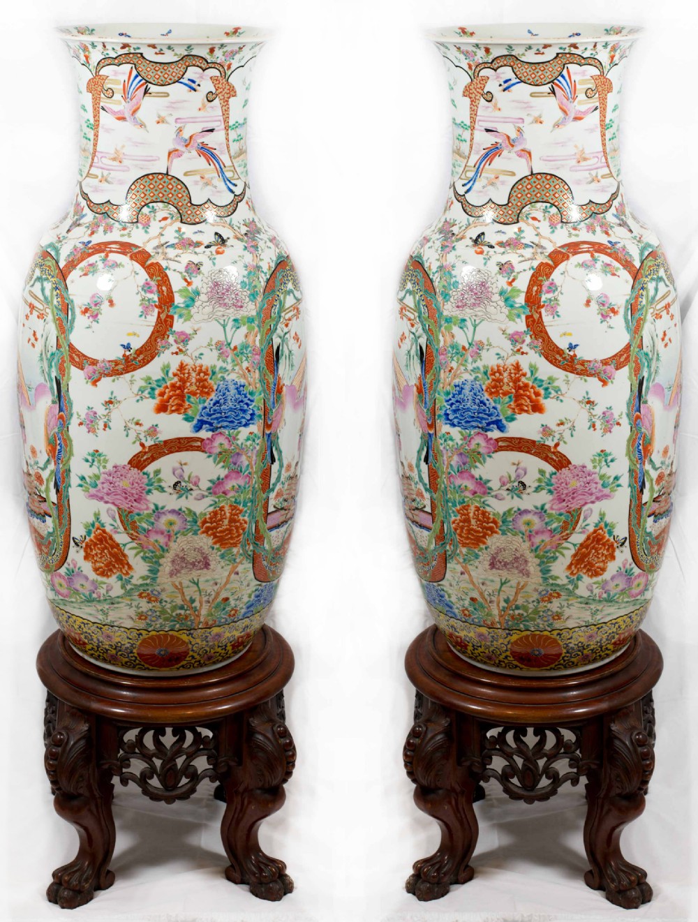 MONUMENTAL PAIR OF JAPANESE FUKAGAWA VASES ON STANDS View II