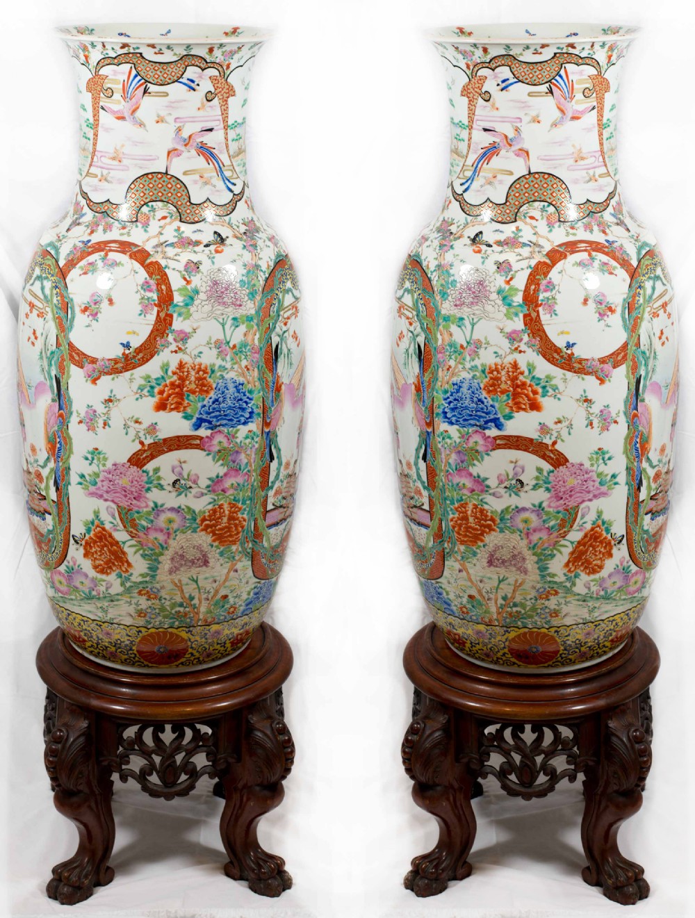 MONUMENTAL PAIR OF JAPANESE FUKAGAWA VASES ON STANDS View IV