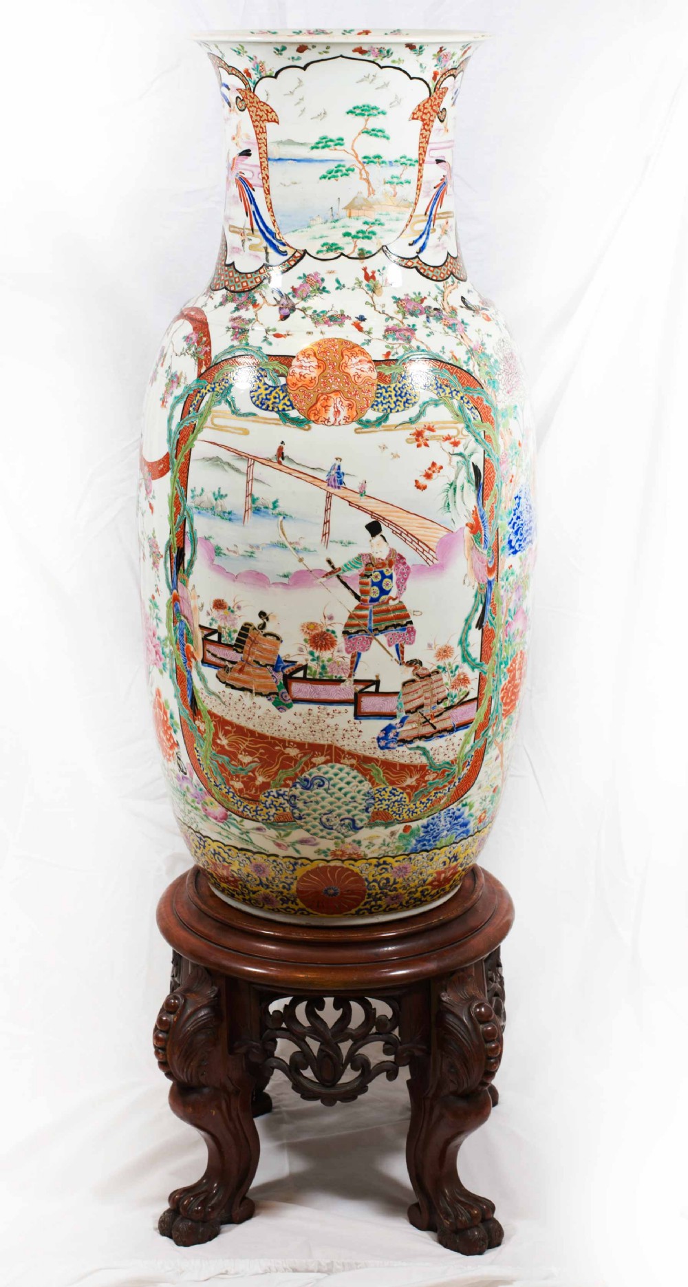 MONUMENTAL PAIR OF JAPANESE FUKAGAWA VASES ON STANDS View V