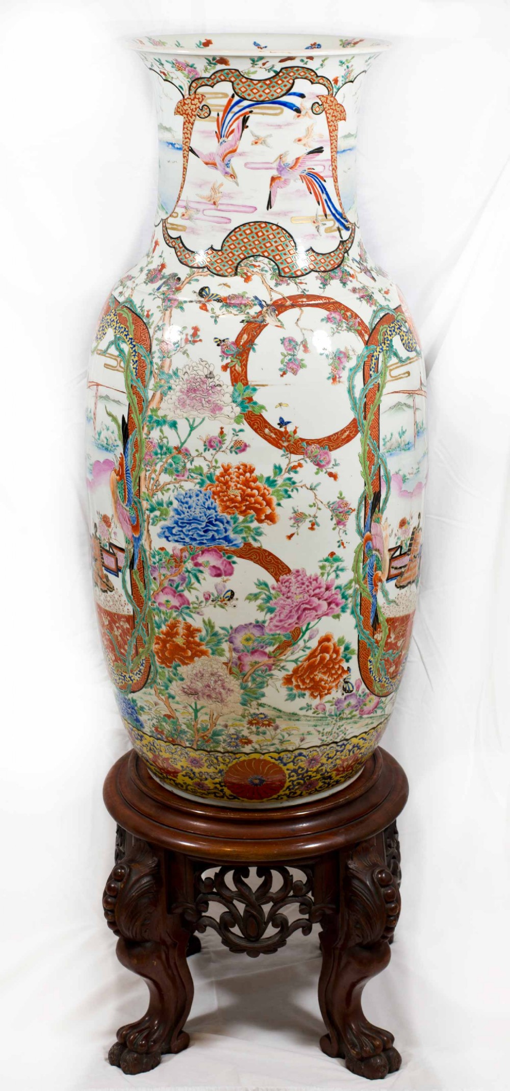 MONUMENTAL PAIR OF JAPANESE FUKAGAWA VASES ON STANDS View VI