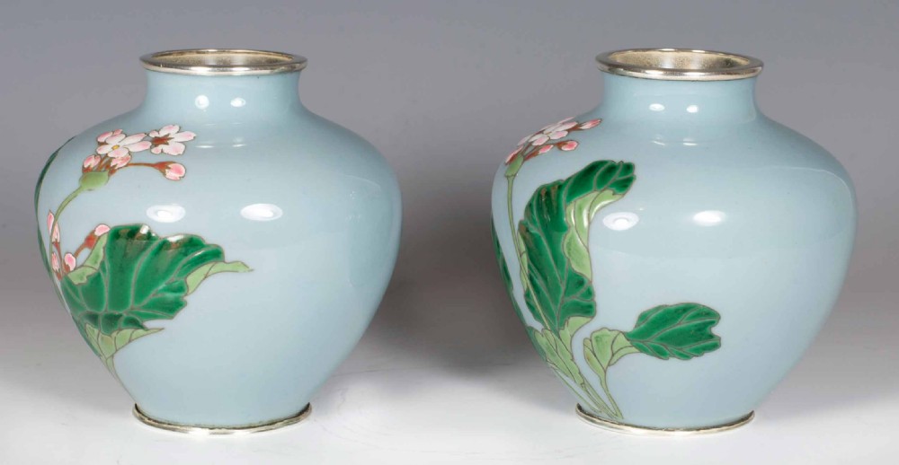 DELIGHTFUL PAIR OF JAPANESE MORIAGE CLOISONNE VASES View II