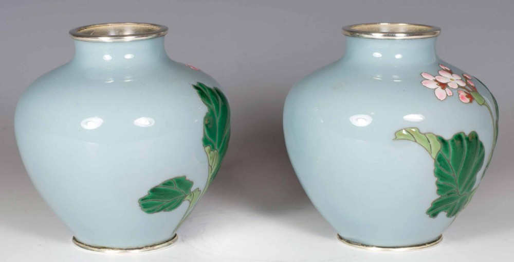 DELIGHTFUL PAIR OF JAPANESE MORIAGE CLOISONNE VASES View IV