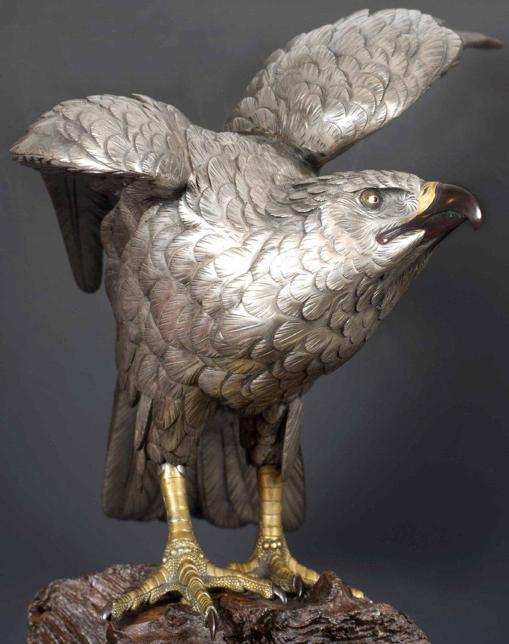A SUPERB JAPANESE SILVERED BRONZE SEA EAGLE BY AKASOFU GYOKO View XIII