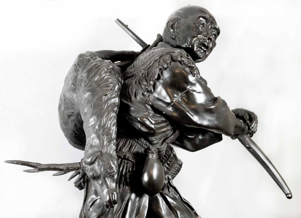 HUGE JAPANESE BRONZE OKIMONO- HUNTER ON A ROOTWOOD BASE View V
